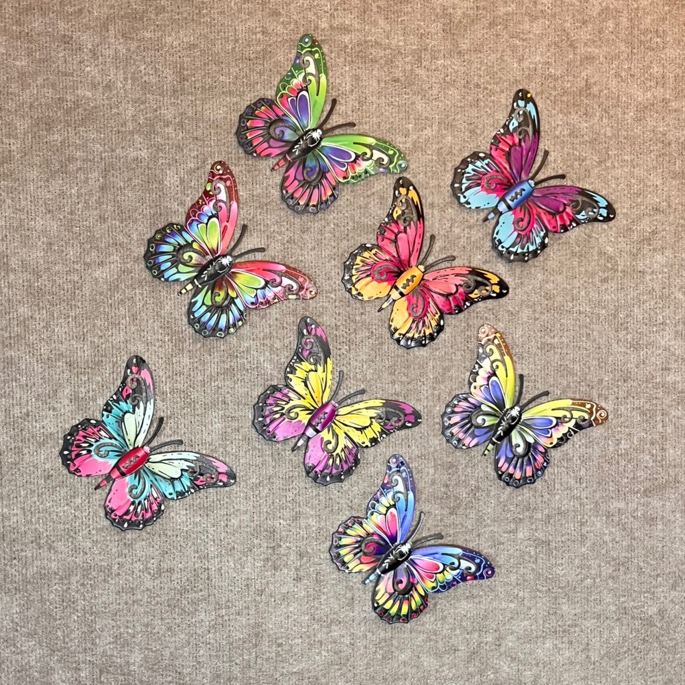 Butterfly Wall Decor Art 8pc Set Multi Color Metal Whimsical Garden Decor